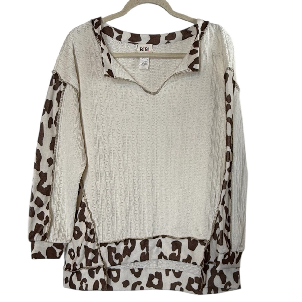 BiBi V-Neck Sweater with Cream and Brown Leopard Accents - Women’s